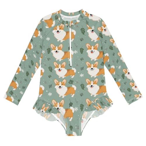 ALAZA Christmas Dog Leaf Snowflake Girls One Piece Swimsuit Long Sleeve Rash Guard Swimsuits UV 50+ Swimwear Zipper