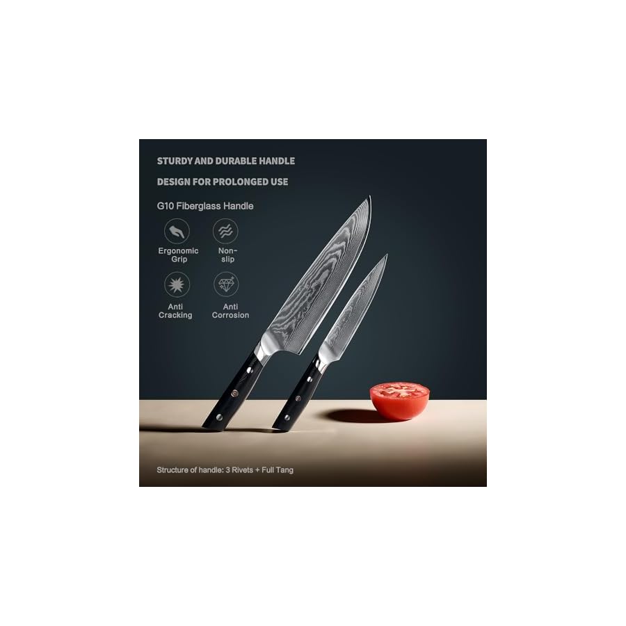 ZongChuan 8C Damascus Kitchen Knife Set 2pc,8" Chef Knife and 5.5" Utility Knife,High Carbon Stainless Steel,5-Star Sharp Standard,Black Ergonomic G10 Handle,Love's Gift Box