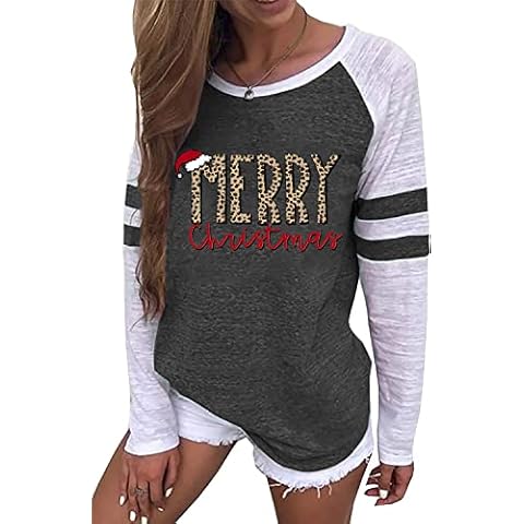 Merry Christmas Baseball Tshirt Women Leopard Plaid Trees Graphic Tee Tops Xmas Splicing Long Sleeve Raglan Shirts, Gray 2, Small Cover