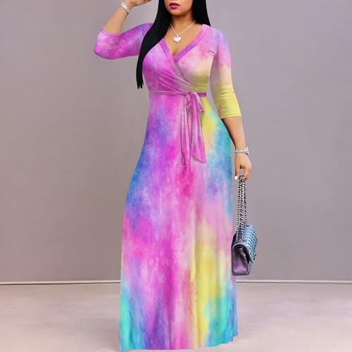 Image of PinkPatty Women's Print Maxi Dresses 3 /4 Sleeve Flowy Long Dress V Neck Wrap Tie Waist Sundress