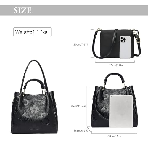 Image of Travistar Floral Handbags Purses Women - Embossed Vegan Leather Top Handle Handbag Set Large Shoulder Bag Ladies Bucket Tote
