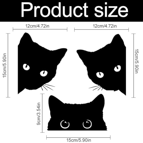 TQPUWT Autoaufkleber Lustige Katze, 3 Stück, Schwarz, Wasserdichte PVC, Cartoon, Katze, Metall, Kunststoff, Glas, Outdoor, Einmalgebrauch, Wand