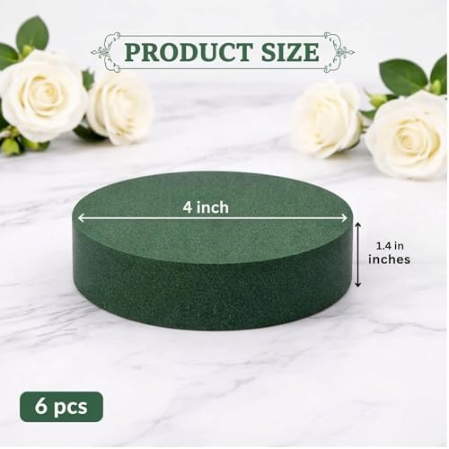 Pack of 6 FLOFARE Round Floral Foam Blocks for Fresh and Artificial Flowers, Each (4" X 1.4"), Dry & Wet Green Flower Foam for Flower Arrangements & Florist Supplies