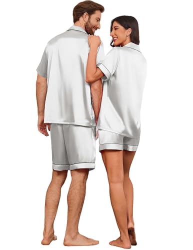 Image of Ekouaer Couple Matching Pajamas Sets Silk Short Sleeve Button Down Sleepwear Satin Pjs Shorts Set Soft Loungewear S-XXL