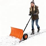 GarveeLife 29" Snow Shovel Pusher for Driveway, Heavy Duty Metal Wheeled Snow Plow with Adjustable Handle&Angled Blade,Ergonomic Single Rod Snow Removal Tool for Doorway/Sidewalk(Orange