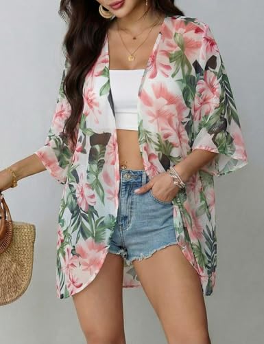 Image of Chunoy Women Floral Beach Wear Cover Up Chiffon Kimono Cardigan Open Front Blouse Top