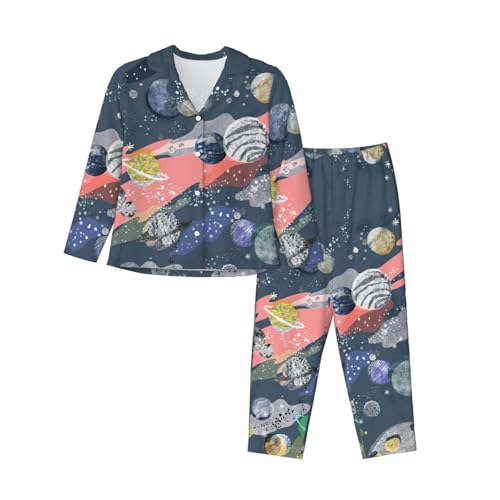 Ensemble de pyjama imprimé planète EdWal pour femme avec chemise manche longue et pantalon