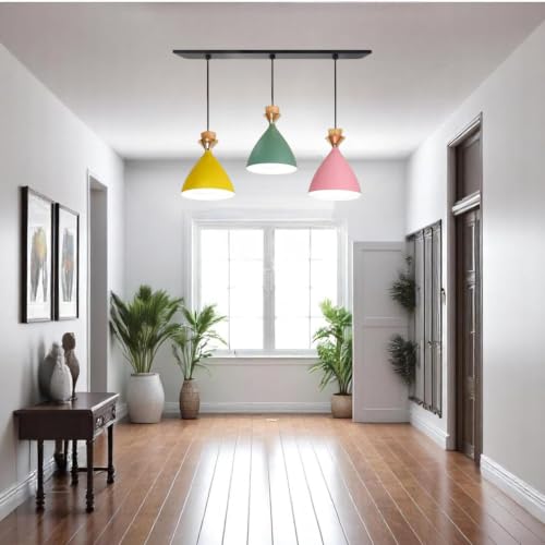 Image of Triple Dome Pink, Yellow, Green Aluminium Hanging Pendant Light Drop, Antique Modern Ceiling Lamp, Bulb is not Included, 3 Light Linear Set