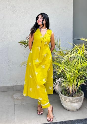 Image of MOKOSH Women's Cotton Embroidered & Hand Work Kurta Pant Set | Co-ords Set | Embroidery & Hand Work | Indian Kurta Outfit With Pant |2 Piece Outfit | V Neck Sleeveless