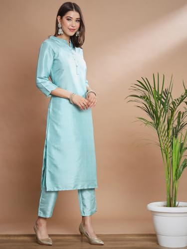 Image of VredeVogel Women's Cotton Silk Blend Straight Kurta Trouser With Dupatta Set