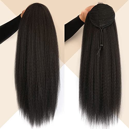 Long Kinky Straight Drawstring Ponytail For Black Women, Yaki Straight Hair 24 Inch Synthetic Pony Tail Clip In Ponytail Hair Extensions Fluffy Black Yaki Hairpiece For Daily #TOP1