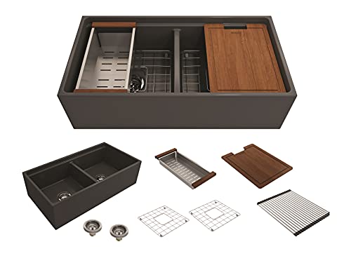 Bocchi Contempo Workstation Apron Front Step Rim Fireclay 36 In. Double Bowl Kitchen Sink With Accessories In Matte Dark Gray #TOP10