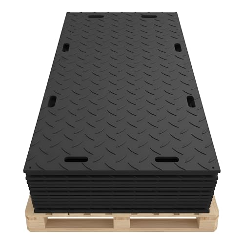 IRONTREAD Mats Ground Protection Mat 4&rsquo; x 8&rsquo; &ndash; &frac12;&rdquo; Thick - Recyclable HDPE Diamond Tread Pattern - Non-Slip Reusable Waterproof - Driveway & Construction Mats for Equipment & Landscaping &ndash; 20 Pcs Pack