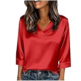 Style : Décontracté Tee Shirt Femme T-Shirts à Manches Courtes Satin Chemisier Femme Chic et Élégant Haut Décontracté Tee Tops Mode Tunique Blouse Col en V Chemisiers et Blouses Doux Vetement Classe Vêtements Rouge XL