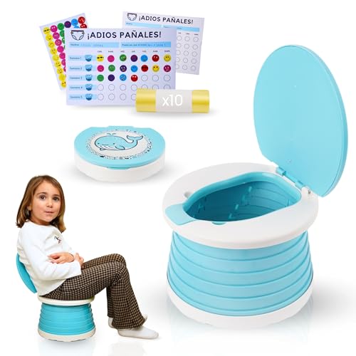 YummyDucky | Orinal portatil niños plegable 24x5 cm con bolsas y tabla motivacional | WC infantil 50 kg antideslizante | Váters portátiles para niños y bebés, ligero y compacto