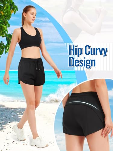 Badeshorts Damen mit Taschen Badehose Damen High Waist Schnell Trocknende Schwimmhose 2 in 1 Shorts mit Liner – Bild 3