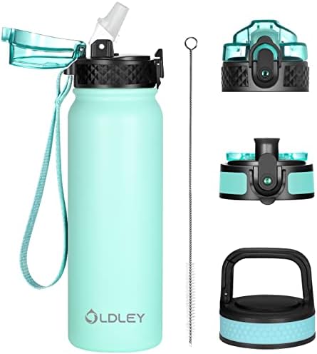 Insulated Water Bottle 20oz for Adults Kids Stainless Steel Water Bottles with Straw/Chug/Carabiner 3 Lids Fruit Strainer Double Wall Vacuum Wide Mouth BPA Free Sweat/Leak-Proof for School Travel