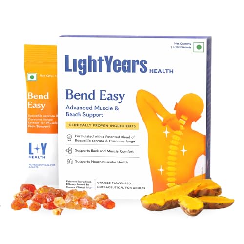 LightYears Bend Easy | Advanced Back & Muscle Support Mouth-Melting Sachets | Clinically Proven Blend | Curcumin & Boswellia | Helps in Neck & Back Discomfort Relief | 15 Sachets