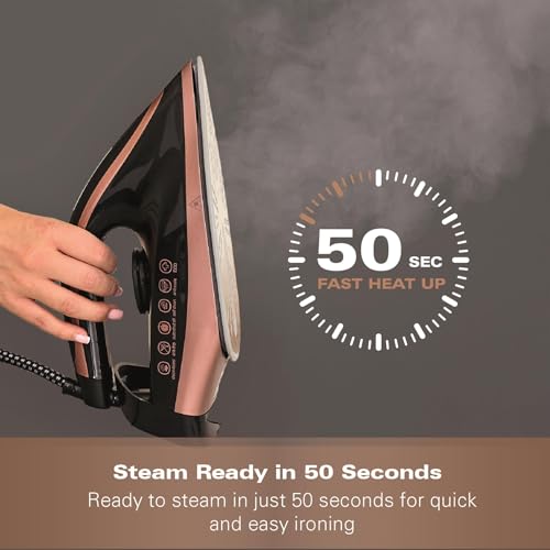 Hamilton Beach Steam Generator Iron, Pro Care, 3100W, 3 Bar Pressure, Vertical Steam, Non-Stick Soleplate, Anti-Scale Technology, Variable Temperature Control, Auto Shut Off - HB268SGBG, Black/Bronze