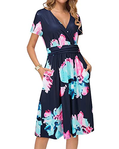 Image of Newshows Women's Pockets Wrap V Neck Floral Summer Vacation Casual Sundress | Wrinkle Free, Stretchy, Summer Beach Floral Sundress 2026, Casual Dress for Vacation, Guaduation, Side Pockets, A-line