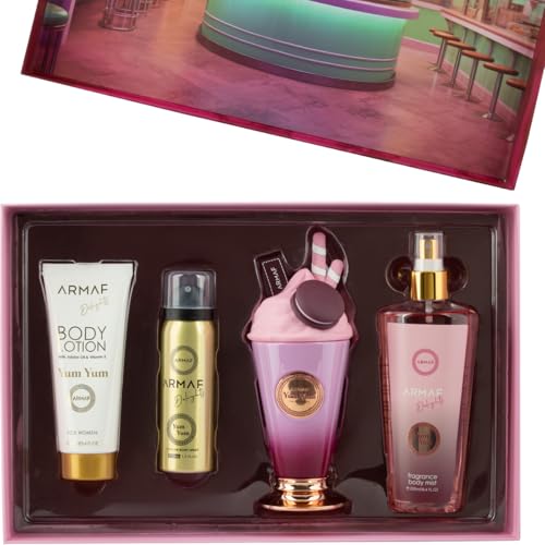 Armaf Yum Yum Fruity Floral Vanilla 4-Piece Gift Set for Women (3.4 oz Eau de Parfum + 3.4 oz Body Lotion + 1.7 oz Body Spray + 8.4 oz Body Mist)