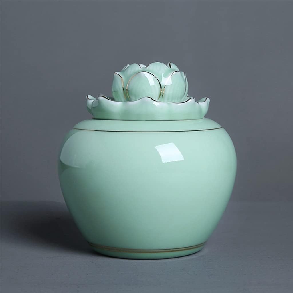 Decorative Porcelain Ginger Jar with Lotus Lid Ceramic Temple Jar Flower Vases Flower for Home Decor Living Room Office (Green Medium)