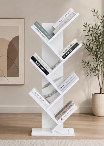 Image of SBF Furniture Modern Tree Shape Wood Bookcase, 7-Tier Book Rack, Storage Rack Shelves in Living Room, Free-Standing Books Holder Organizer, Space Saver for Home, Office, Set of 1 (DIY) (White)