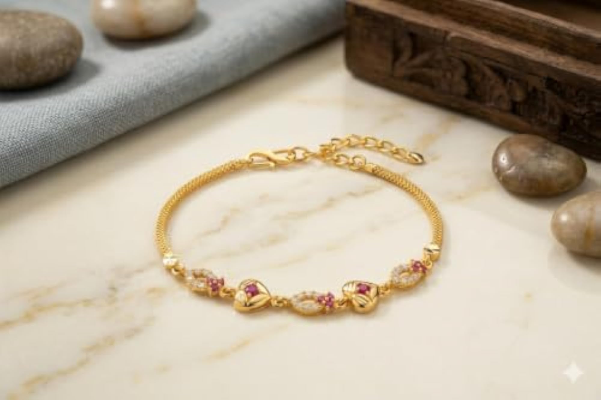 Women's Golden Ruby Floral Bracelet, Brass Copper Alloy