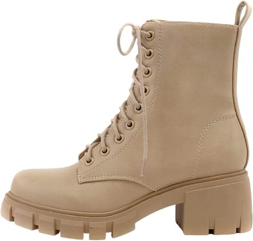 Soda Women's Round Toe Chunky Block Stacked Heels Lace Up Pull-Up Tab Military Combat Boots L-Blond Pu 9 | Image 1