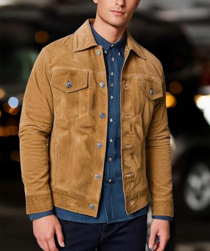 Image of Mens Premium Brown Suede Leather Trucker Jacket - Vintage Classic Motorcycle Western Goat Leather Coat