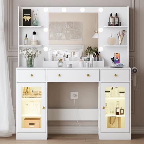 Image of HUANLEGO Vanity Desk with Mirror and Lights, Large Makeup Vanity Set with Power Outlet & RGB Glass Cabinet, 3 Drawers, White Vanity Mirror with Lights Dressing Table for Girls Women, 3 Color Modes