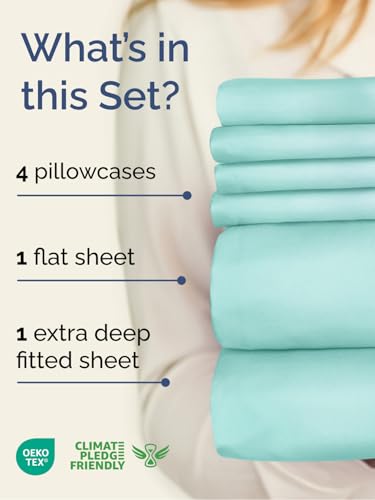 Image of Extra Deep Full Sheet Set - 6 Piece Breathable & Cooling Sheets - Spa Blue | Hotel Luxury Bed Sheets Set, Easy & Secure Fit, Ultra-Soft, Wrinkle & Fade Free, Comfy Sheets Set with Extra Deep Pockets