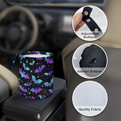 Image of Colorful Bat Print Car Garbage Can Small Trash Can with Leak Proof Inside Liner and Hanging Strap Car Organizer Portable Vehicle Essentials
