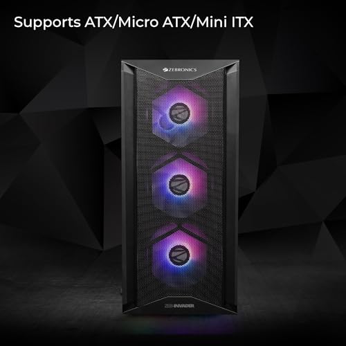 Image of Zebronics Invader Mid-Tower Premium Gaming Cabinet Eatx /ATX /Matx, 3X 120Mm Front + 1X 120Mm Rear Fan, Argb Inner Glow, RGB Led Control, Magnetic Dust Filter(Black) - Tempered Glass