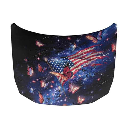 Image of American Flag Butterflys Car Hood Cover 59x39 Inch Car Hood Wrap Blankets Waterproof Stretchable Automotive Hoods Flag for Compact SUV Sedans Trucks