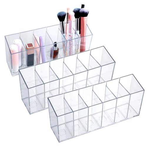 Image of 3 Pcs Clear Pen Holder Tea Bag Makeup Brush Holder, 6 Compartments Organizer with Removable Dividers for Desk Storage Office Accessory Bathroom Kitchen Desktop Pencil Cup Stationery Organization