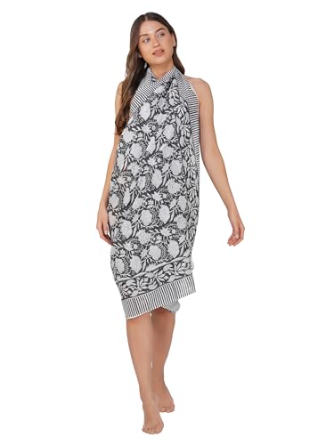 100% Cotton Hand block Sarong Beach Pareo -Your Perfect Summer Cover up Swimwear Companion Wrap Skirt In Summer (Black-White Flower) - Image 5