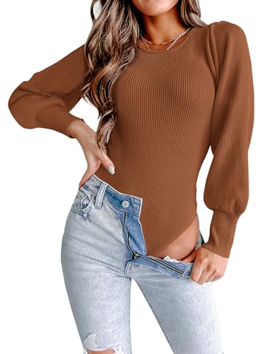 Image of MASCOMODA Womens Puff Long Sleeve Ribbed Sweater Bodysuits | Fall Winter Outfits 2026, Crewneck Knitted Bodysuit Dressy Casual, Cute Slim Fit Pullover Tops, Work, Date, Dress Up & Down