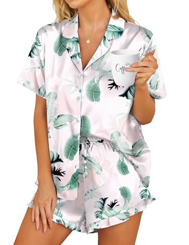 Image of HOTOUCH Womens Satin Pajamas Set Button Down 2 Piece Silk Pjs Shorts Set Ruffle Lingerie Notch Collar Sleepwear