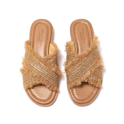BEAU TODAY Raffia Sandals Women, Slide Sandals for Women, Genuine Leather Flat Slides Sandals, Open Toe Comfort Beach Casual Dressy Slides for Summer Vacation