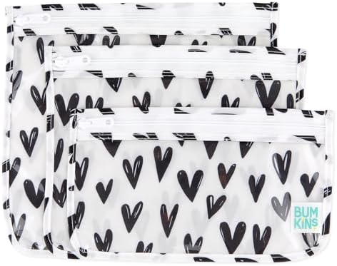 Bumkins Travel Bag, Toiletry, TSA Approved Pouch, Zip Bag, Quart Size Airline Compliant, Clear-Sided, Baby, Diaper Bag Organization, Makeup, Accessories, Packing, Set of 3 Sizes, Black Hearts