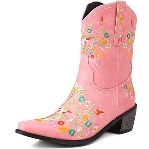Botte Western Florale Talon Bloc Épais pour un Style Rétro Assuré