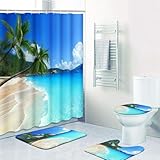Britimes 4 Piece Shower Curtain Sets, with 12 Hooks, Tree Tropical Beach with Non-Slip Rugs, Toilet Lid Cover and Bath Mat for Bathroom Decor Set, 72' x 72'