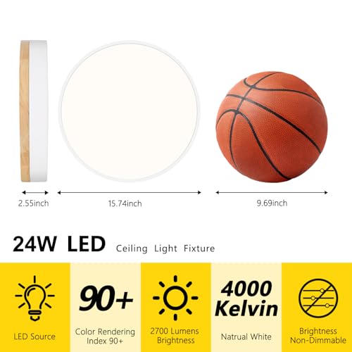 Image of Modern Wood White Flush Mount Ceiling Light 15.75 Inch