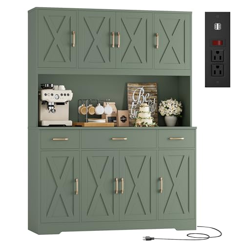 Image of HOSTACK 71 inch Tall Pantry Cabinet with Charging Station, 55 inch Wide Kitchen Pantry Storage Cabinet with Countertop, Large Kitchen Hutch with Storage Drawers and Microwave Stand for Dining Room, Green