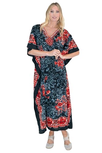 Miss Lavish London Women's Kaftan Dress – Plus Size Kaftan Dresses, Long Full-Length Beach Cover Up – Bohemian Holiday Wear, Modest Caftan Style, Summer Kaftans for Beach & Resort- Black, L (K-162)