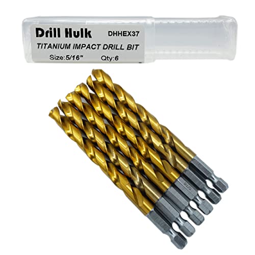 Pack of 6, 5/16-Inch Titanium Nitride Coated Drill Bit, Hex Shank, Premium M2 High Speed Steel, for Metal, Plastic, Wood