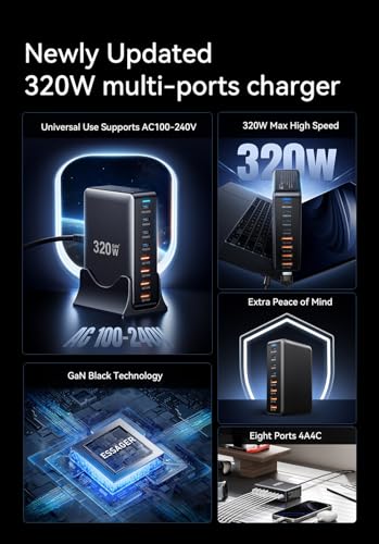 Image of INICIO 320W GaN 8 Port USB C Charger, 4 Type-C / 4 USB PD 100W 65W Fast Charging Station for MacBook iPad Pro Air iPhone 17 16 15 Galaxy S26 S25 Ultra Z Fold XPS 13 /15 Pixel 10 9 Laptops Android etc