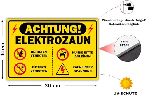 5 Stück-Vorsicht Elektrozaun Schild (20 x 14cm -3 mm Kunststoff) - Achtung Strom und Füttern verboten für jeden Weidezaun - kein Betreten für Stromzaun - mit UV-Schutz und witterungsbeständig