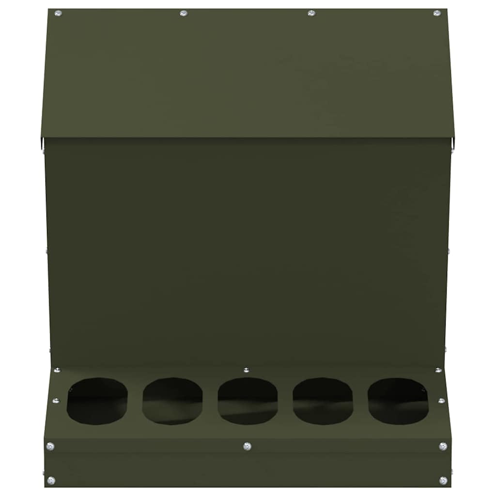 Comedero para pollos verde oliva de acero laminado en frío, 40 x 40 x 45 cm, resistente a la intemperie, para interior y exterior, con 5 kg de capacidad, práctico comedero, diseño estable